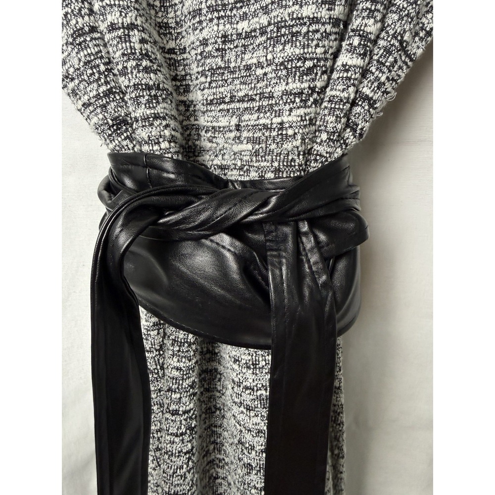 Emma & Michele Marled Knit Midi Dress L Black White Long Sleeve Belted Round - Picture 2 of 6